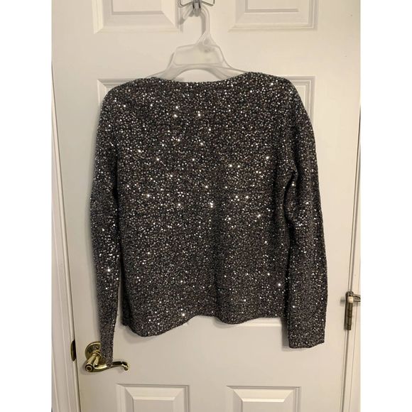 Chico's Gray and Blue Sequin Wool Blend Moto Cardigan Size 1 - Picture 2 of 4